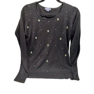 Laura Scott Womens Sweater Size Small Black Beaded Long Sleeve Knit Pullover